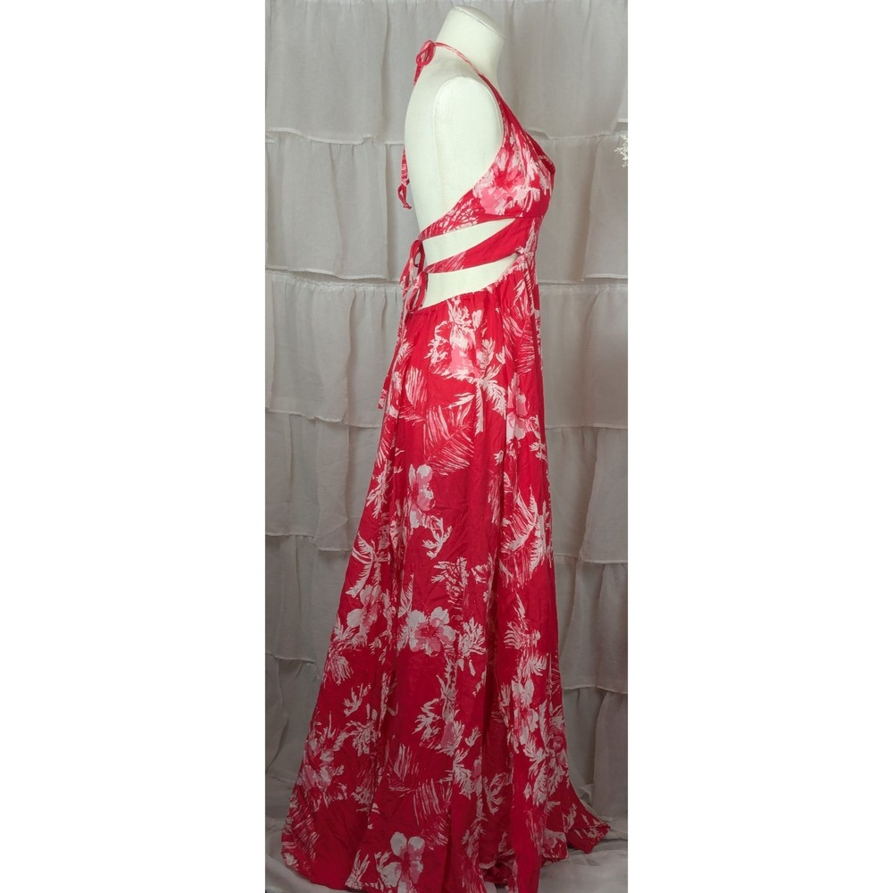 Free People Red Floral Lille Halter Cutout Tie Back Flowy Boho Maxi Dress S - Picture 5 of 10